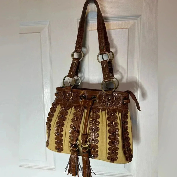 Sondra Roberts Jewel Studded Brown Canvas and vegan Leather Shoulder Bag ✨ - Picture 5 of 7